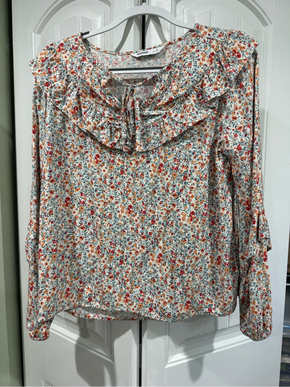 Floral Ruffle-Neck Blouse - Cream Multi
